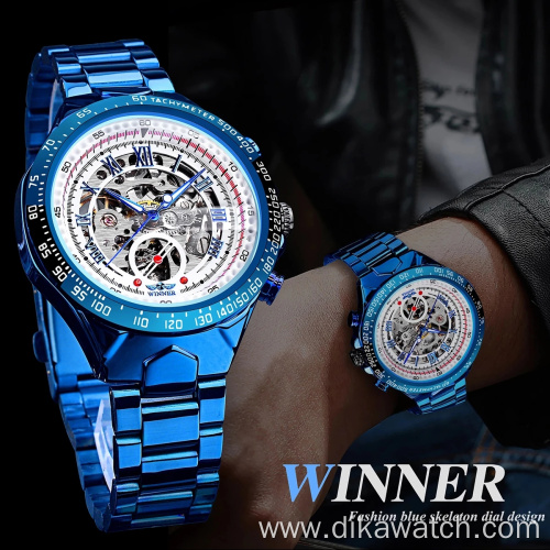 Winner New Fashion Automatic Mens Watches Luxury Mechanical Wristwatches Hollow Watch With Stainless Steel Blue Design watch